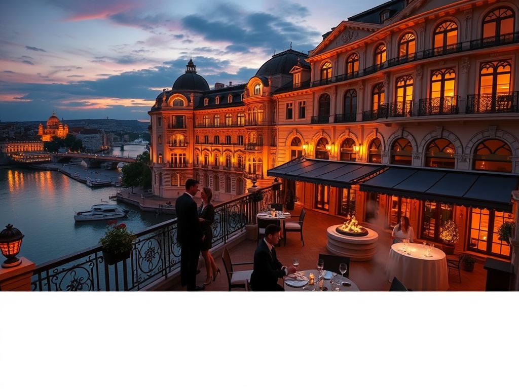 A luxurious Budapest Danube casino hotel terrace at dusk, warm golden lights, elegant couples silhouettes, river reflections, ornate suites windows, serene spa steam glow.