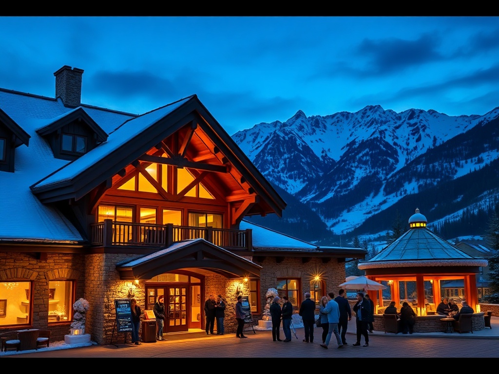 "A luxury chalet-style mountain hotel entrance at dusk, warm lights, panoramic snowy peaks, elegant casino lounge glow, diverse guests, global travel atmosphere."