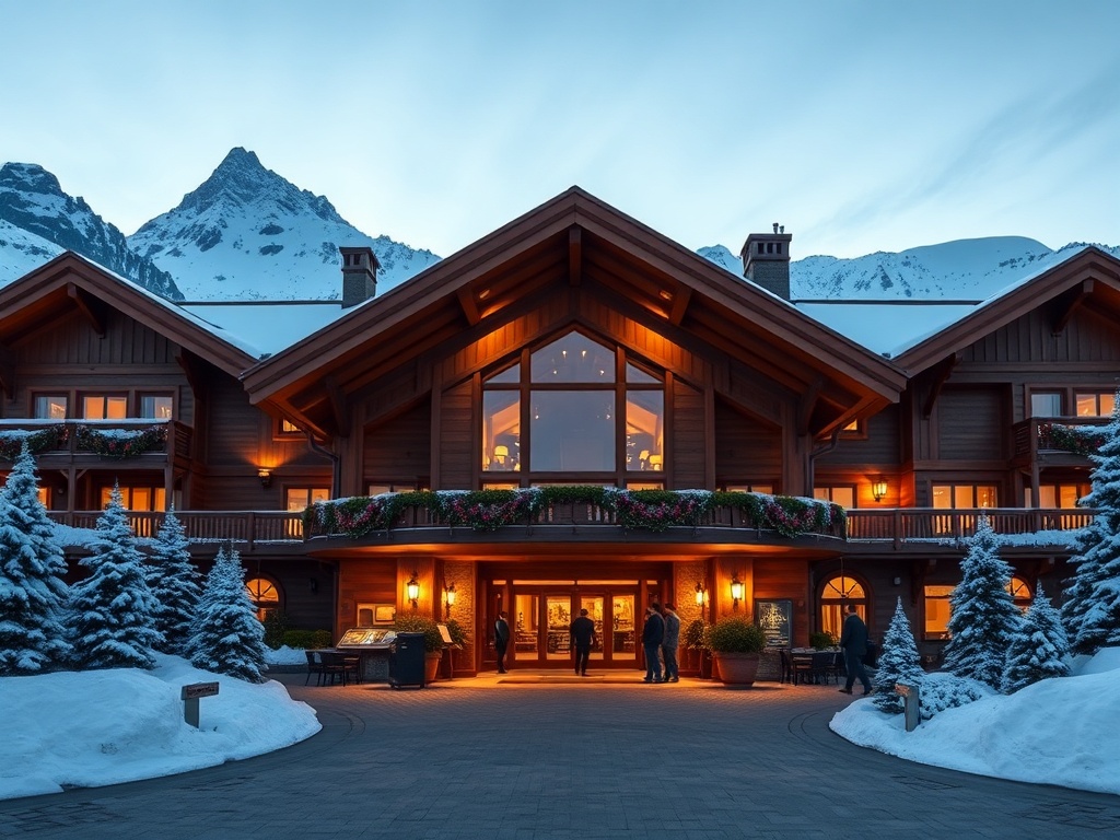 "A luxury chalet-style mountain hotel entrance at dusk, warm lights, panoramic snowy peaks, elegant casino lounge glow, diverse guests, global travel atmosphere."