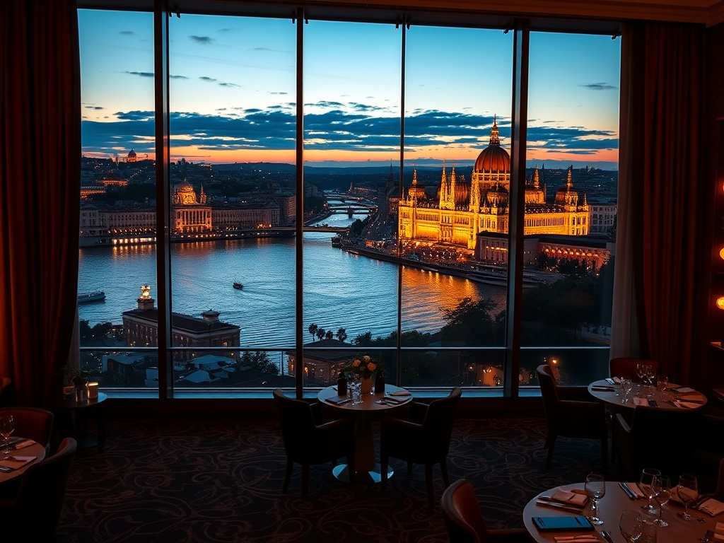“luxury Budapest casino hotel at dusk, panoramic Danube river view, elegant European suites windows, polished gaming lounge lights, velvet chairs, thermal spa glow, fine dining ambiance”
