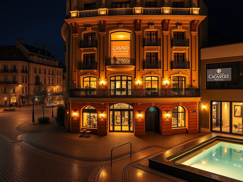 “Elegant restored casino hotel facade in Warsaw at night”, “glowing gaming floor lights inside”, “luxury suite balcony view over cobblestone streets”, “chic spa ambience, indoor pool reflections”, “warm premium atmosphere”