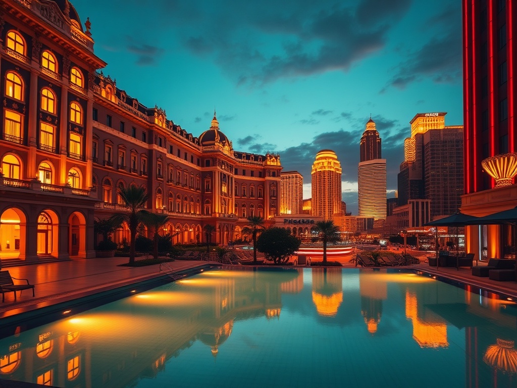 "A grand historic palace facade at dusk, warm suite window lights, elegant casino interior glow, serene spa pool reflections, vibrant city skyline." "VIP luxury mood, cinematic lighting, high detail, no text."