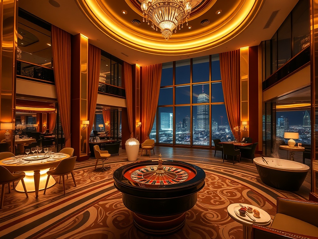 "luxury casino hotel atrium with golden lighting" "elegant roulette table glow" "silk curtains" "chef-plated Polish cuisine" "spa sauna steam" "night skyline view"