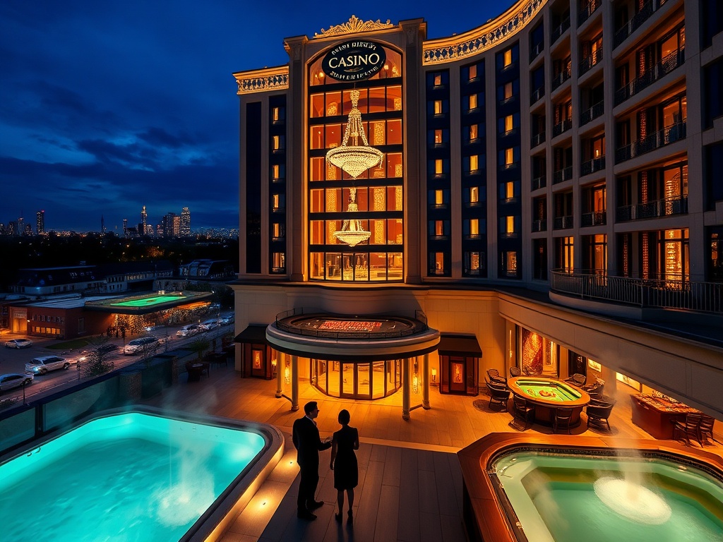 "Nighttime view of a luxury casino hotel facade in Poland, glowing chandeliers inside, elegant couple silhouettes near roulette tables, rooftop spa pool with steam, city square skyline"