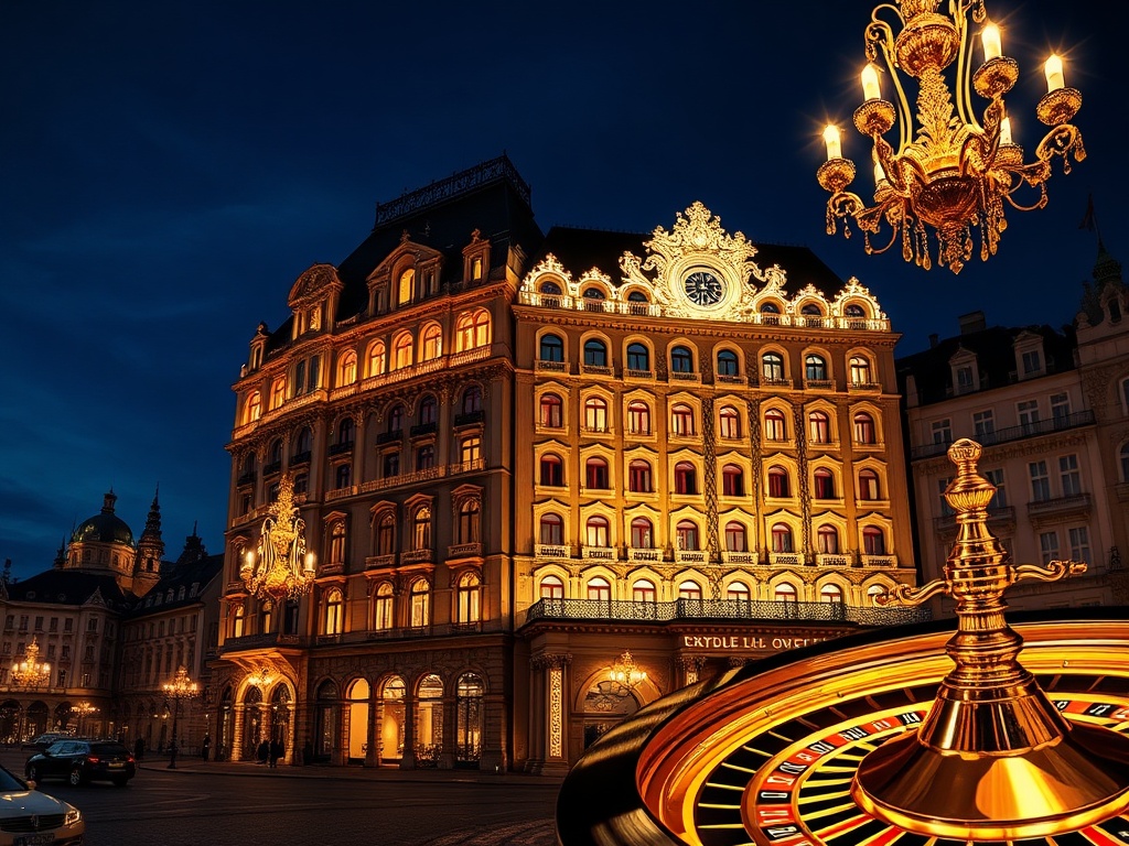 “Prague night skyline beside a luxury casino hotel facade, glowing chandeliers, elegant Bohemian suites windows, velvet lounge silhouettes, golden roulette wheel reflections”