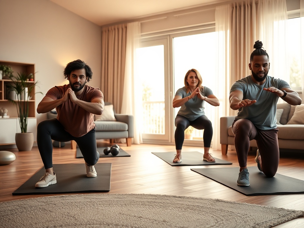 "Cozy modern living room gym scene, three diverse adults exercising on mats, warm light, determined expressions, subtle glow of progress, home savings vibe"
