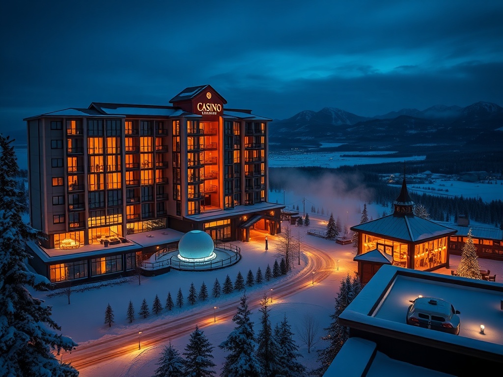 "Luxurious Nordic casino hotel at night, warm suite window glow, panoramic snowy landscape, elegant VIP gaming floor lights, distant sauna steam, rooftop lounge ambiance, inviting couple silhouettes"