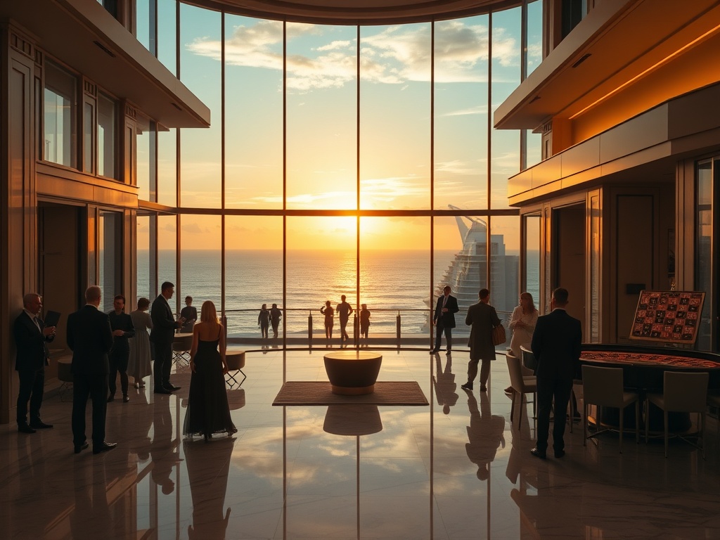 A luxurious ocean-view casino hotel lobby at sunset, “golden light,” “floor-to-ceiling windows,” “polished marble,” “elegant guests,” “distant roulette-glow,” “rooftop infinity pool silhouette,” cinematic.