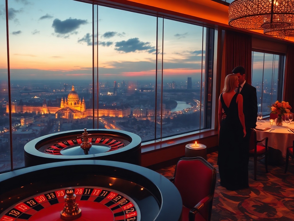 Luxurious casino-hotel interior with panoramic Warsaw skyline; roulette wheel and poker chips glow; adjacent misty spa steam; candlelit Polish feast; romantic couple silhouette.