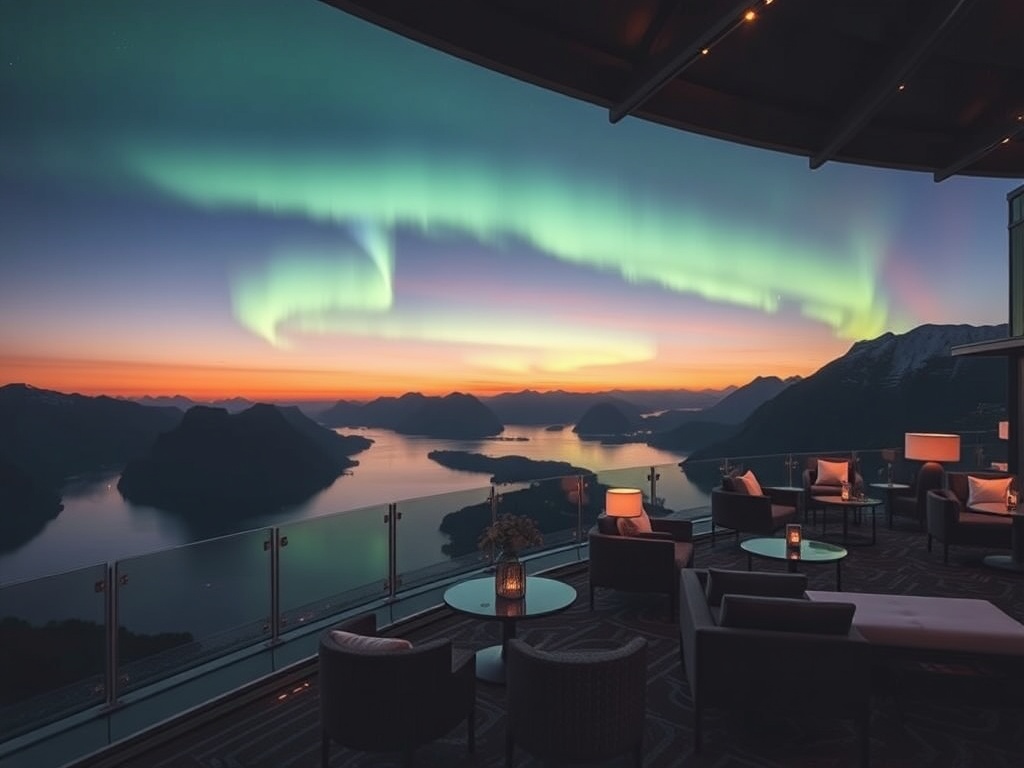 “luxury Nordic casino hotel overlooking dramatic Norwegian fjords at dusk” “elegant glass lounge” “gentle northern lights” “warm interior glow” “sleek modern suites”