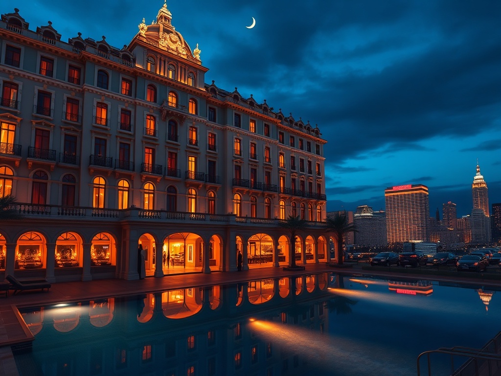 "A grand historic palace facade at dusk, warm suite window lights, elegant casino interior glow, serene spa pool reflections, vibrant city skyline." "VIP luxury mood, cinematic lighting, high detail, no text."