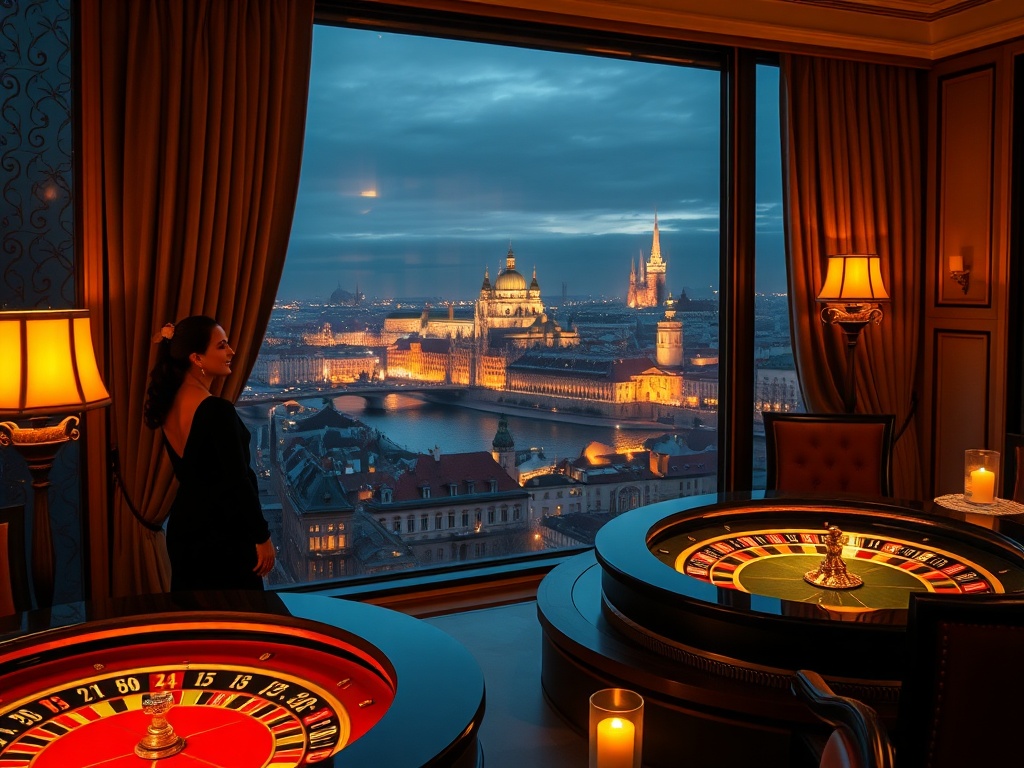 "Opulent Bohemian suite window over Prague lights, elegant couple smiling, nearby glowing casino roulette table, serene spa pool reflections, warm candlelit dining ambiance."
