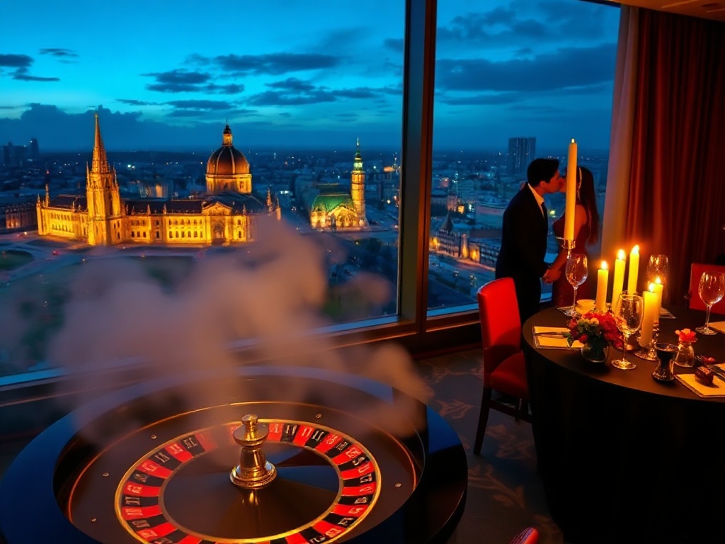 Luxurious casino-hotel interior with panoramic Warsaw skyline; roulette wheel and poker chips glow; adjacent misty spa steam; candlelit Polish feast; romantic couple silhouette.
