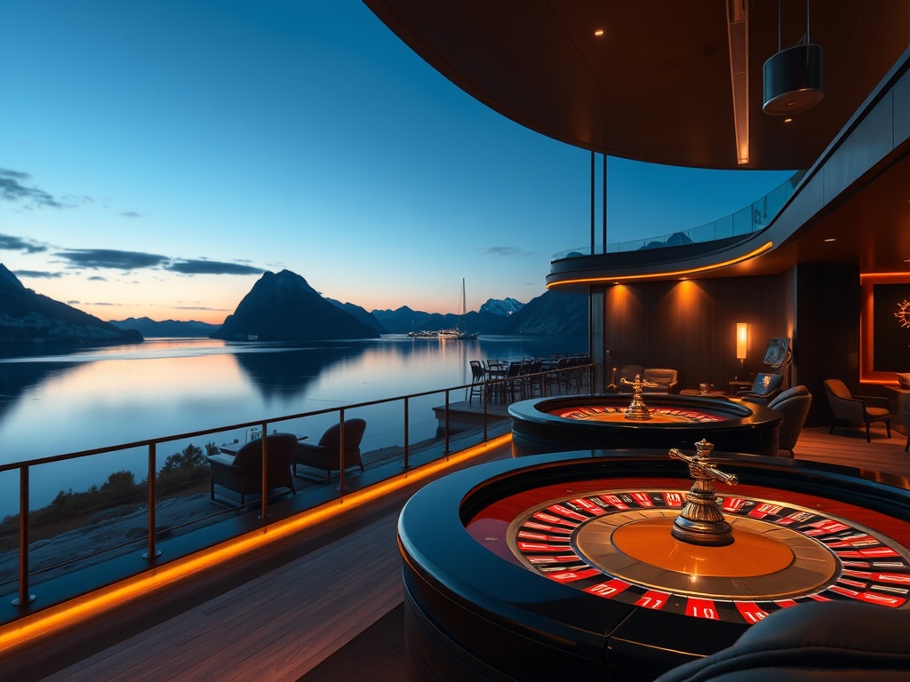 "Norwegian fjord luxury hotel at dusk" "elegant Nordic casino lounge" "roulette table glow" "modern slot lights" "spa steam steam room" "mountain–water panorama"