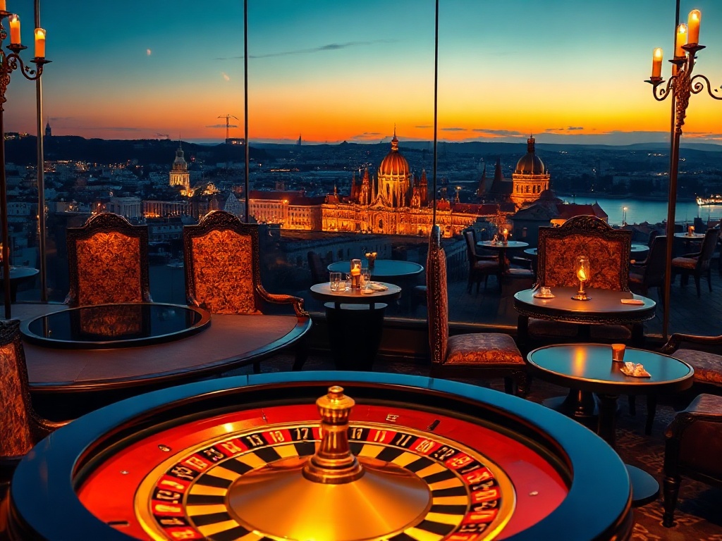"elegant Prague skyline at dusk" "luxury casino lounge glow" "golden roulette table" "ornate Bohemian-style suite interior" "warm candlelit wellness spa ambiance".