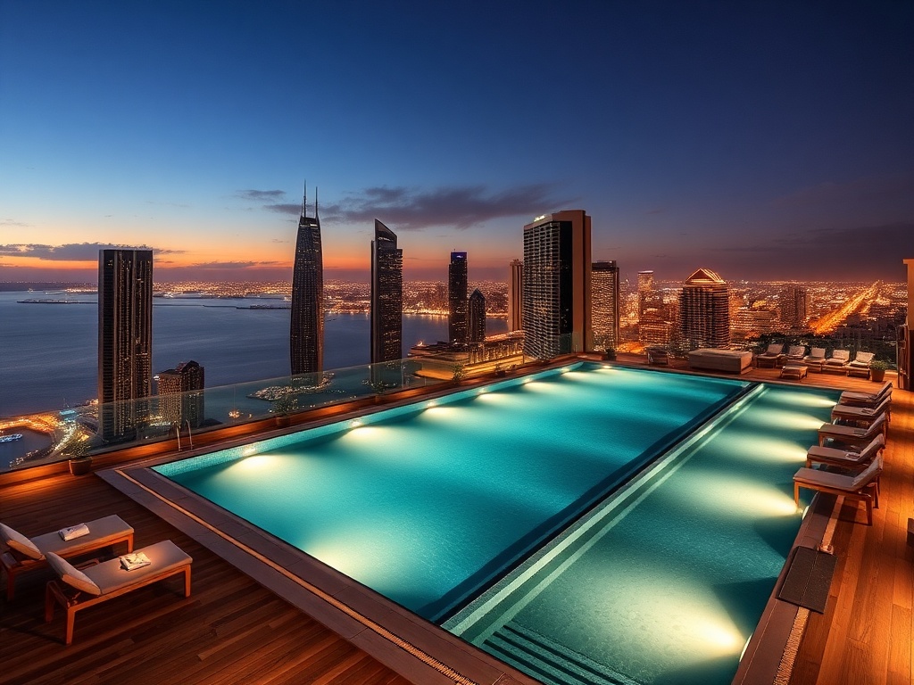 "modern luxury skyline suites with ocean views" "VIP casino lounge lights" "rooftop infinity pool" "spa steam" "gourmet dining" "cocktail bar nightlife" "golden beachfront".
