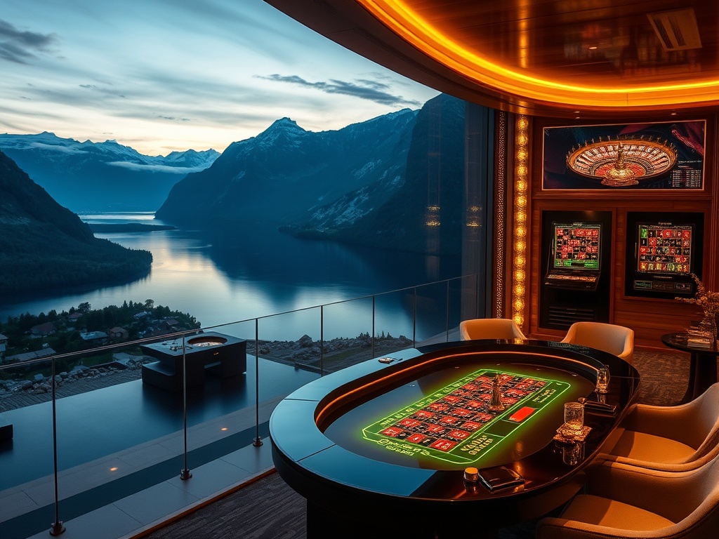"Norwegian fjord luxury hotel at dusk" "elegant Nordic casino lounge" "roulette table glow" "modern slot lights" "spa steam steam room" "mountain–water panorama"