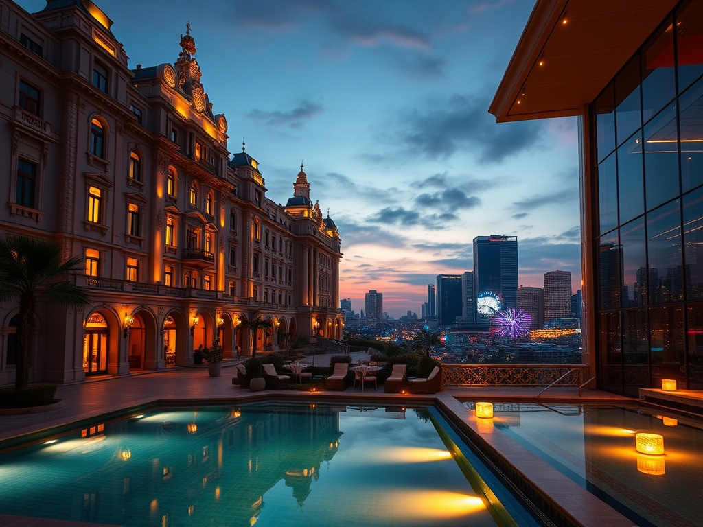 "A grand historic palace facade at dusk, warm suite window lights, elegant casino interior glow, serene spa pool reflections, vibrant city skyline." "VIP luxury mood, cinematic lighting, high detail, no text."