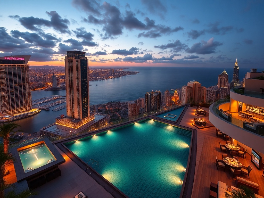 "modern luxury skyline suites with ocean views" "VIP casino lounge lights" "rooftop infinity pool" "spa steam" "gourmet dining" "cocktail bar nightlife" "golden beachfront".