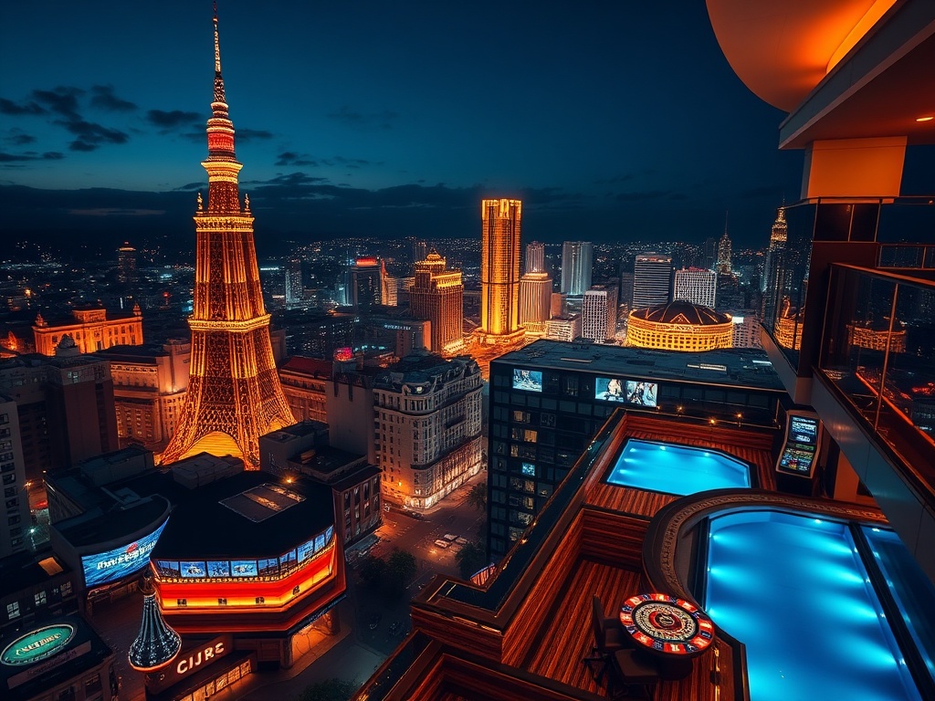 “Luxury casino hotel hero scene at night, panoramic old-town skyline and modern tower lights, glowing gaming tables, elegant suite window view, rooftop pool reflections, upscale ambience”