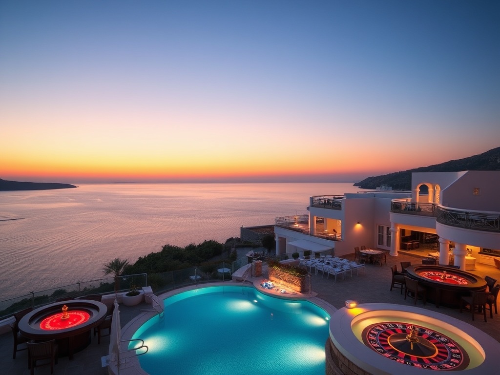 Aegean sunset over a luxury Greek casino hotel; elegant island-style suites with sea-view balconies; glowing spa terrace; refined roulette-lit lounge ambience.