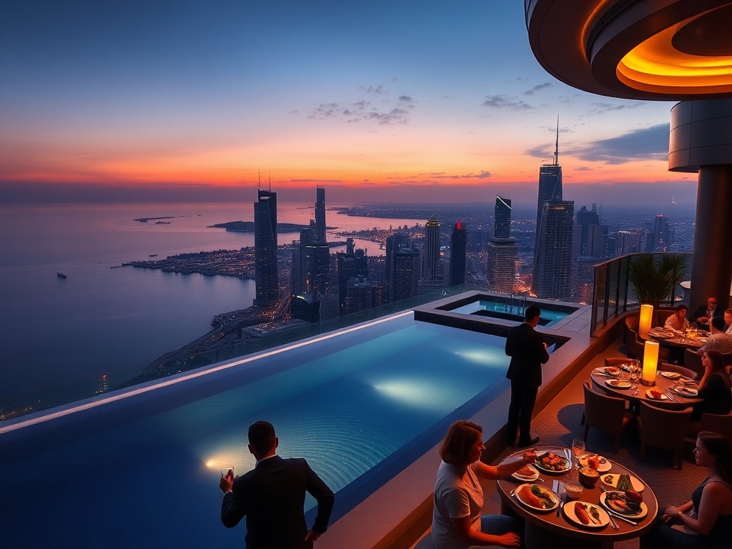 Rooftop infinity pool at dusk over ocean and skyline, elegant skyline suite window glow, VIP casino lounge ambiance, gourmet plates and cocktails, silhouettes mingling.