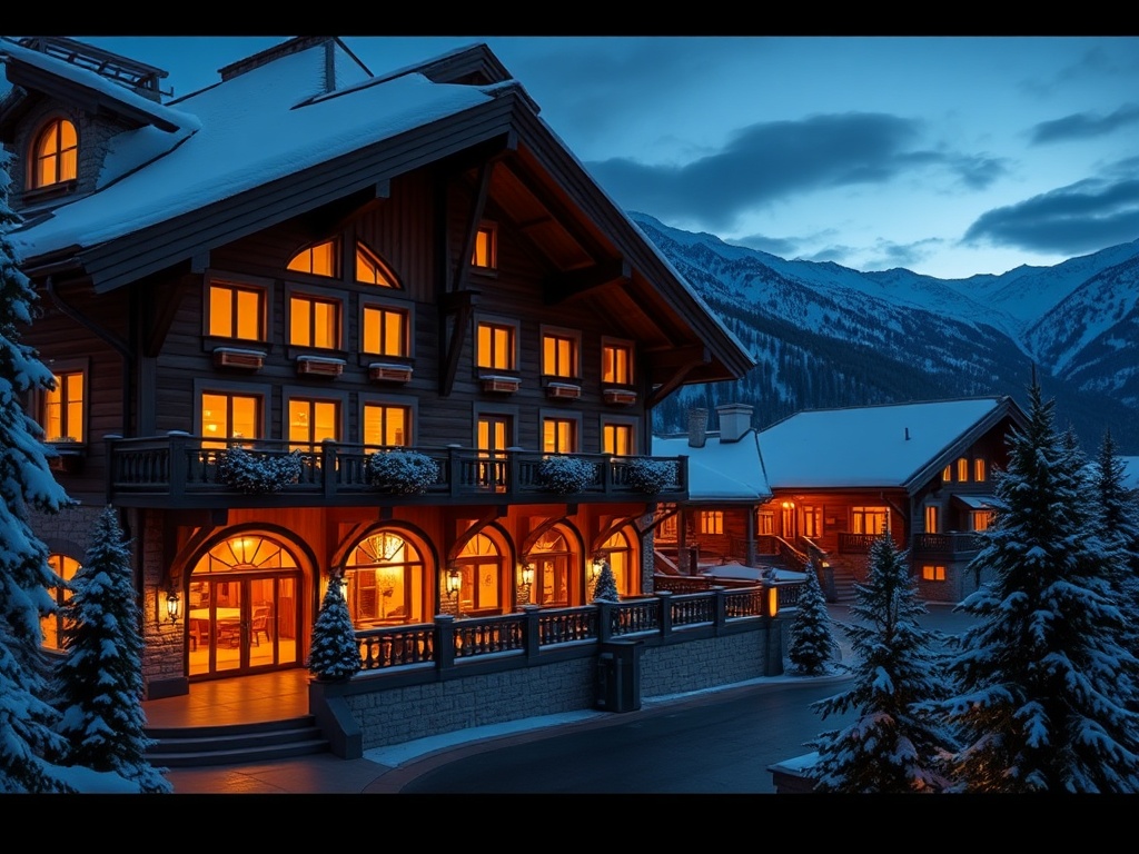 A luxurious Austrian chalet-inspired casino hotel at dusk, panoramic snowy mountains, warm window lights, elegant entrance, soft golden glow, inviting atmosphere.