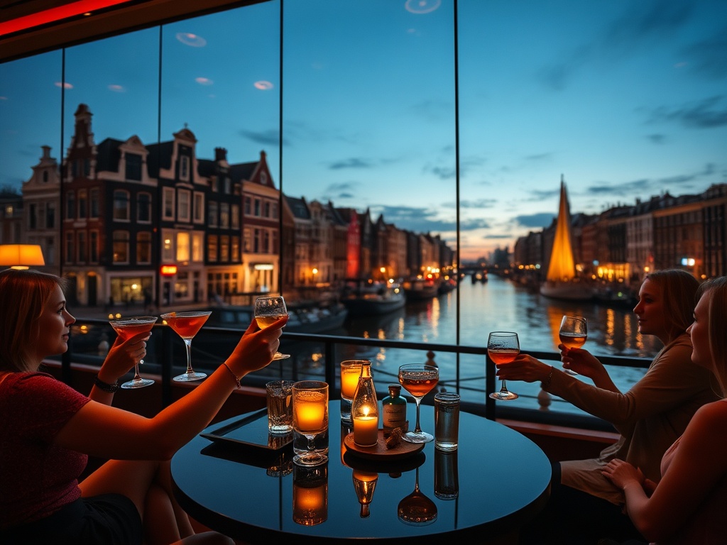 A luxurious canal-view hotel lounge in Amsterdam at dusk, elegant guests toasting handcrafted cocktails, subtle casino glow, spa steam ambiance, gourmet plating.