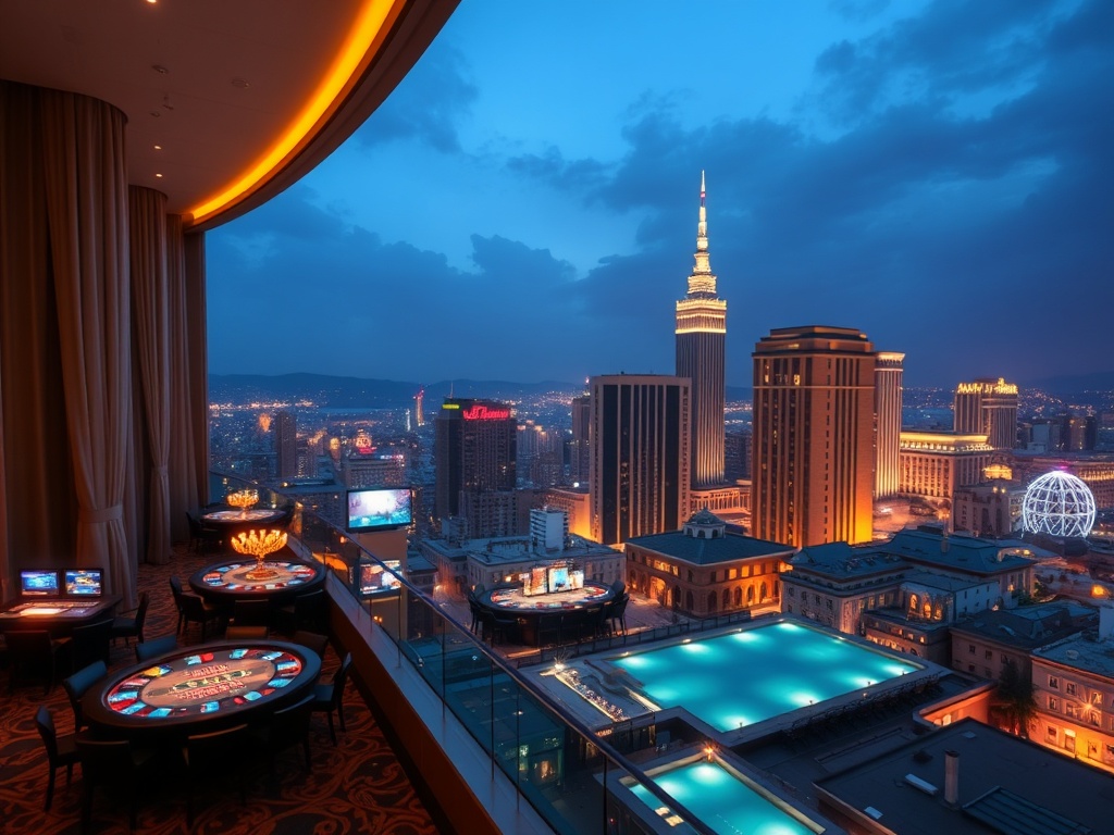“Luxury casino hotel hero scene at night, panoramic old-town skyline and modern tower lights, glowing gaming tables, elegant suite window view, rooftop pool reflections, upscale ambience”
