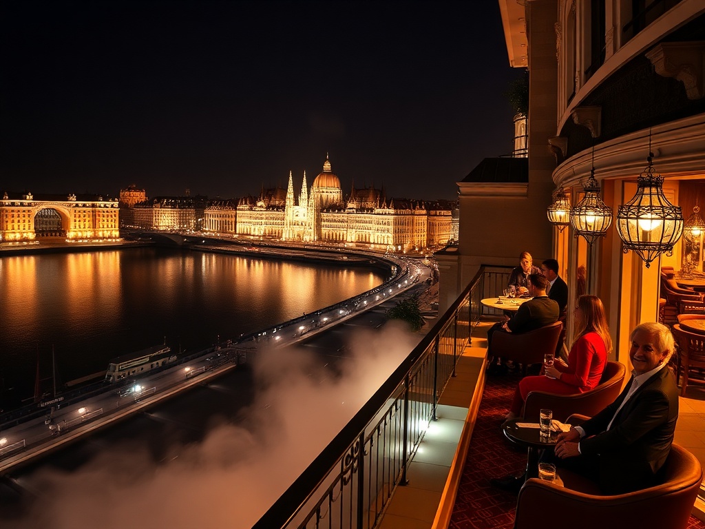 "Nighttime Budapest luxury casino-hotel balcony overlooking the Danube" "elegant lit suites" "warm spa steam" "velvet lounge glow" "smiling guests dressed for evening"