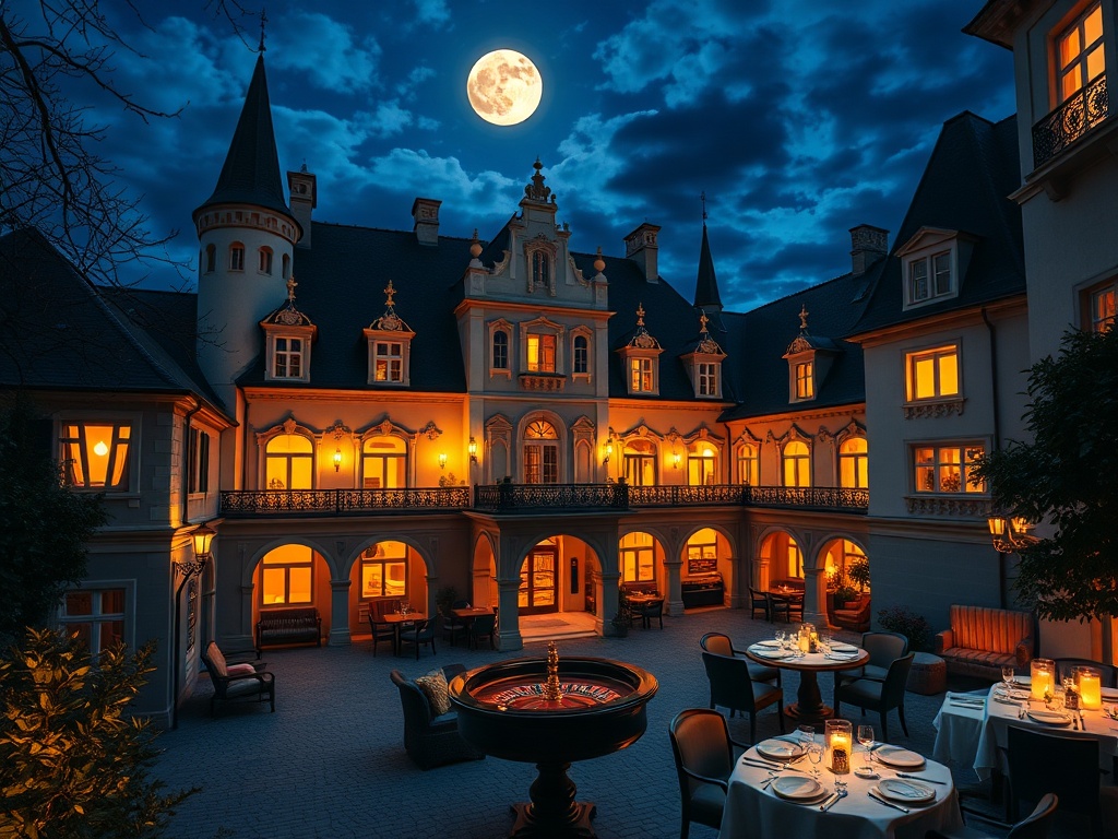 “moonlit Czech castle hotel courtyard” “golden casino lantern glow” “elegant suites balcony” “roulette table silhouette” “fine dining candlelit terrace” “spa steam sanctuary” “bohemian music mood” “velvet robes” “no logos