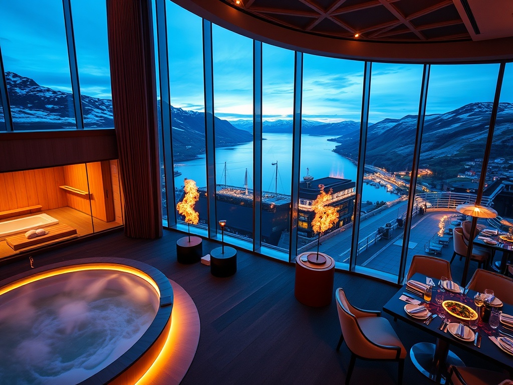 "luxury Norwegian casino hotel" "soaring fjord-view suite with panoramic windows" "glowing VIP gaming floor" "sauna steam" "rooftop lounge lights" "gourmet dining mood"