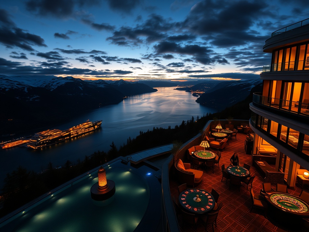 "Panoramic Norwegian fjord at night" "luxury hotel rooftop lounge with warm lights and silhouettes" "glowing VIP casino floor" "elegant suites windows" "golden ambiance"