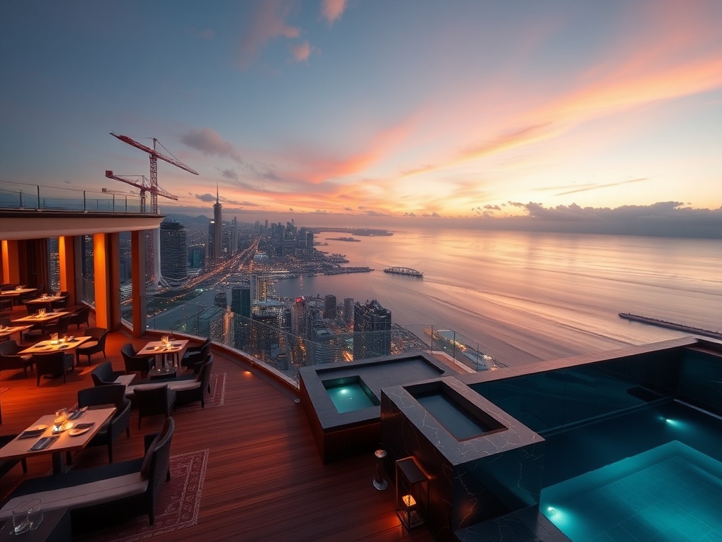 "Luxury skyline suite with panoramic ocean view, elegant VIP casino lounge ambiance, rooftop infinity pool, and serene spa glow, cinematic lighting."