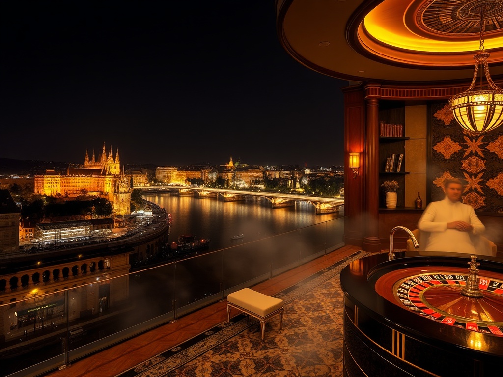 "luxury Prague hotel at night" overlooking "Vltava River and skyline", "glamorous casino floor with roulette lights", and "restorative spa steam ambiance" .