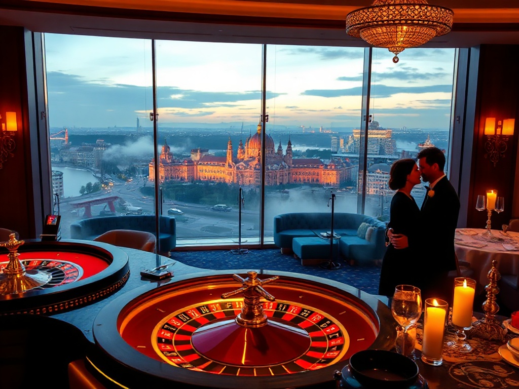 Luxurious casino-hotel interior with panoramic Warsaw skyline; roulette wheel and poker chips glow; adjacent misty spa steam; candlelit Polish feast; romantic couple silhouette.