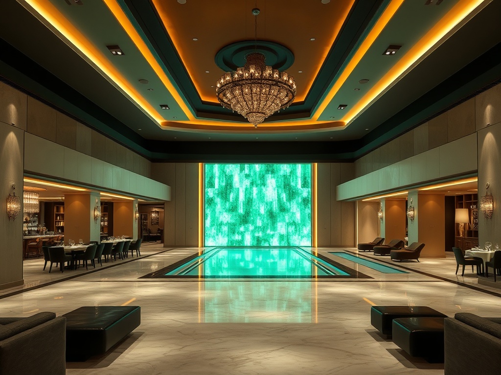 "matte black" "pearl white" lobby splitting into "emerald" lit casino lounge, "bronze" dining gallery, spa thermal pool, evening stage lights, luxurious ambience. "You MUST not include ANY brand images or logos. You may ONLY reply with the format given. I