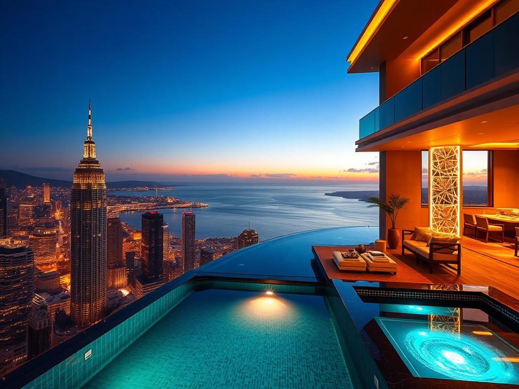 "Luxury skyline suite with panoramic ocean view, elegant VIP casino lounge ambiance, rooftop infinity pool, and serene spa glow, cinematic lighting."