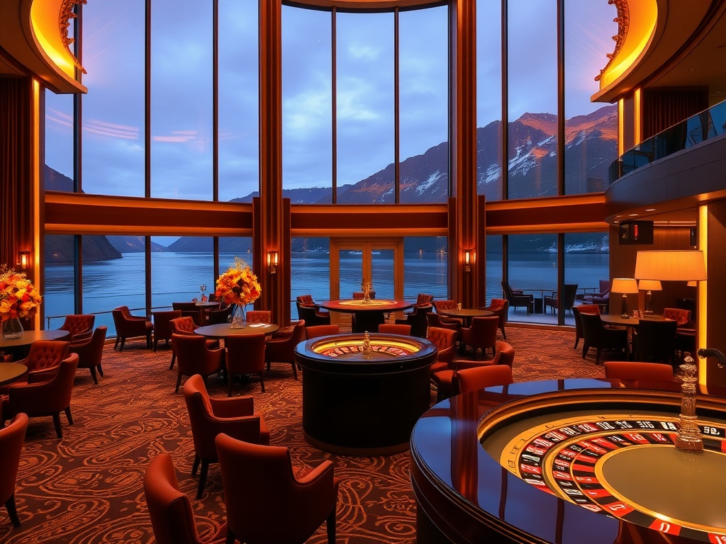 Opulent Norwegian luxury casino hotel lobby with panoramic fjord windows, warm gold lighting, velvet seating, roulette table glow, elegant concierge entrance, night ambience