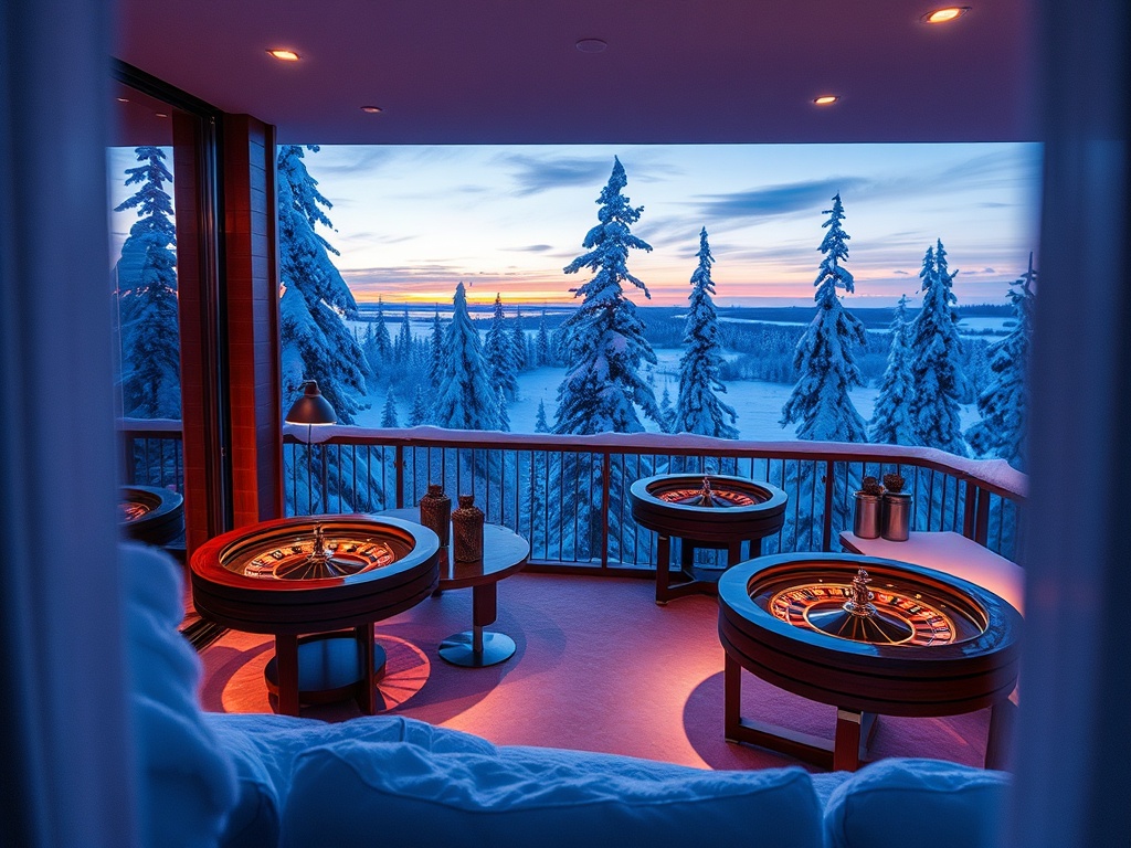 "snowy Finland at dusk" "luxury Nordic suite window glow" "VIP casino lounge with roulette tables" "private sauna steam room" "opal spa ambience"