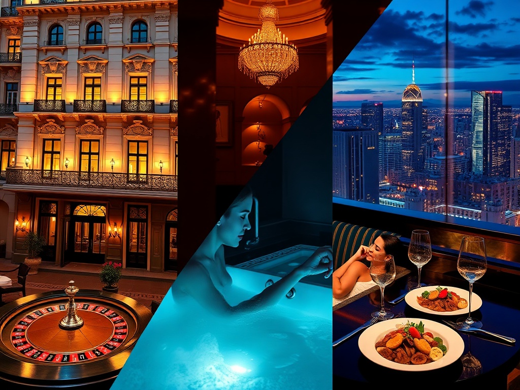A split-scene collage showing elegant historic hotel facade, glowing casino tables with roulette lights, a couple in spa steam, luxury dining plates, night skyline reflections.