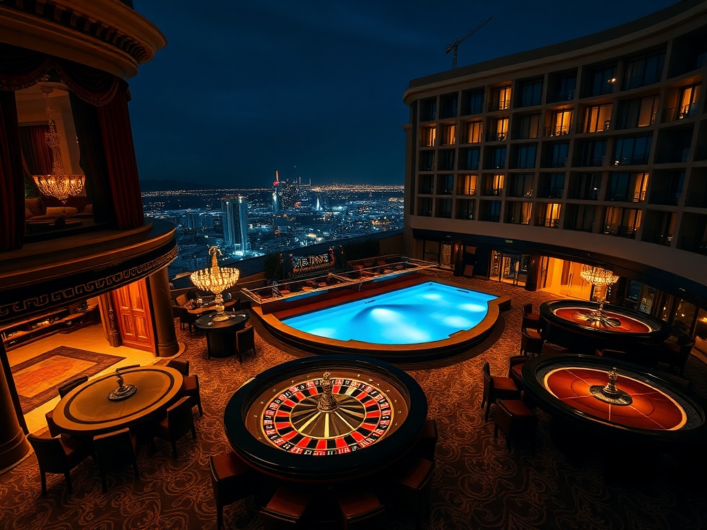 "nighttime panorama of a luxurious European casino hotel" "warm-lit entrance and velvet-draped lobby" "glossy gaming tables with roulette wheel glow" "cocktail bar silhouettes" "rooftop pool with city skyline" "elegant suite windows in background" "luxury