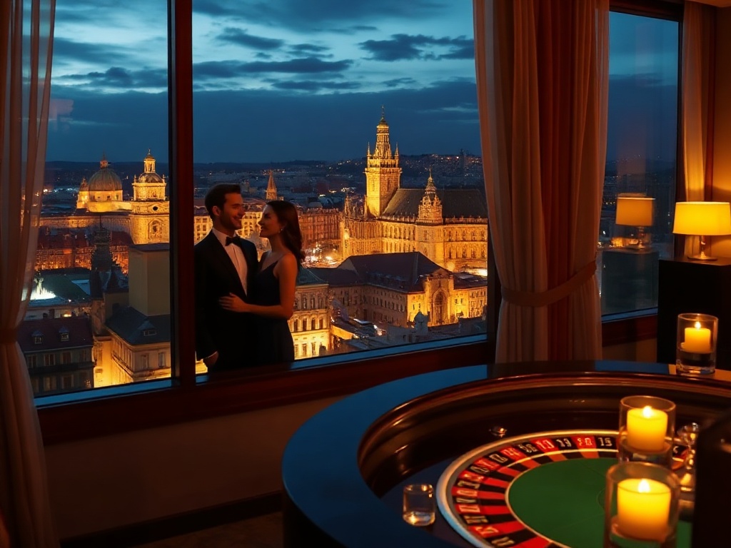 "Opulent Bohemian suite window over Prague lights, elegant couple smiling, nearby glowing casino roulette table, serene spa pool reflections, warm candlelit dining ambiance."