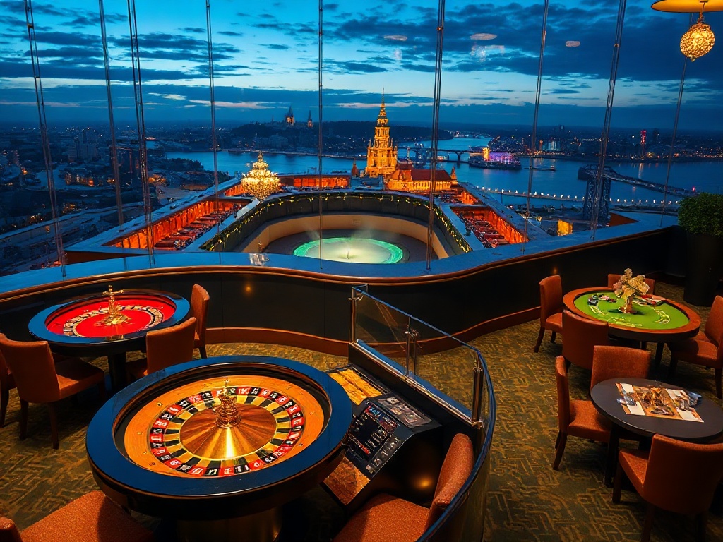 A luxurious Warsaw casino hotel scene, elegant golden gaming tables with roulette and poker lights, panoramic skyline and river at night, nearby spa steam glow, cocktail lounge dining elegance.