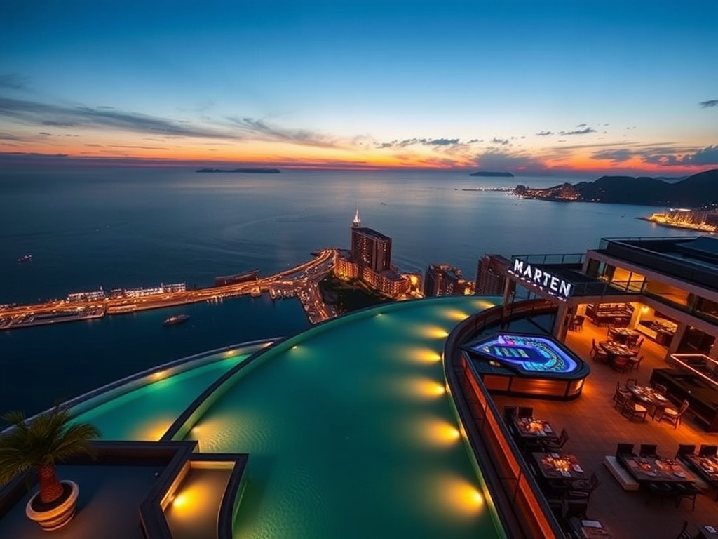 A luxury coastal skyline at dusk, panoramic ocean view, rooftop infinity pool with golden lights, elegant casino glow, VIP lounge ambience, modern suites.