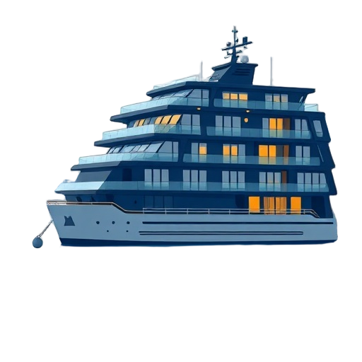 Carefully describe an elegant Norwegian harbor “harbor”, with a sleek waterfront “luxury hotel” silhouette and warm golden “sunset waves”, featuring ocean-blue and dark-slate shapes, silver highlights on windows and railings, soft stylized ref