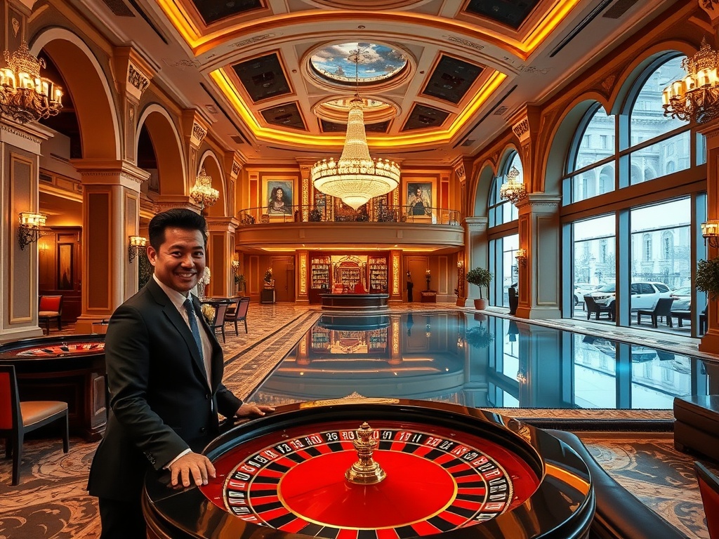 “Opulent Polish casino-hotel lobby merging royal arches and modern glass, smiling VIP couple, roulette-lit gaming hall, serene spa pool reflection, panoramic suite view”