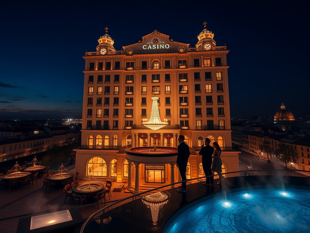 "Nighttime view of a luxury casino hotel facade in Poland, glowing chandeliers inside, elegant couple silhouettes near roulette tables, rooftop spa pool with steam, city square skyline"