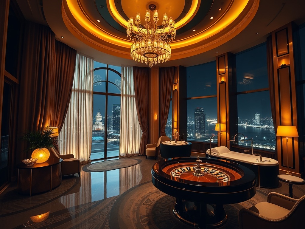 "luxury casino hotel atrium with golden lighting" "elegant roulette table glow" "silk curtains" "chef-plated Polish cuisine" "spa sauna steam" "night skyline view"