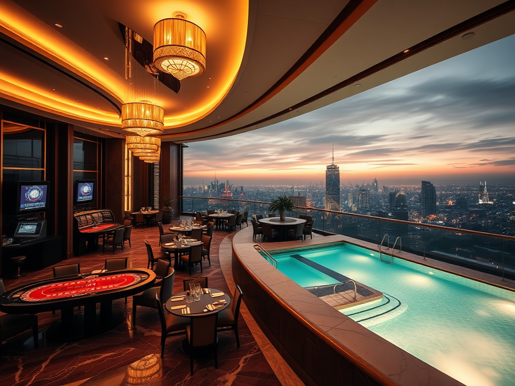 "luxury casino hotel interior blending warm brass lighting with sleek marble; elegant suite view beyond; gaming tables, cocktails, gourmet dining; rooftop pool glow; spa sauna steam; night city skyline."